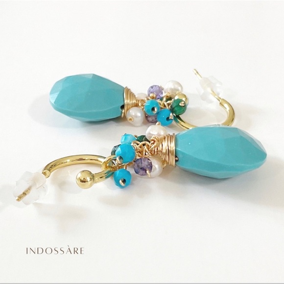 Turquoise Wire Wrap Teardrop Earrings - Picture 2 of 4